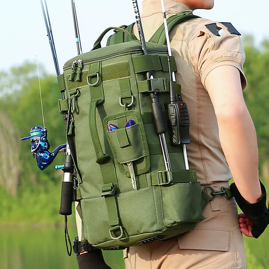Taktischer Angelrucksack – Wasserdichte Tackle-Tasche mit Rutenhalter & Molle-System – Outdoor Rucksack fürs Angeln & Camping